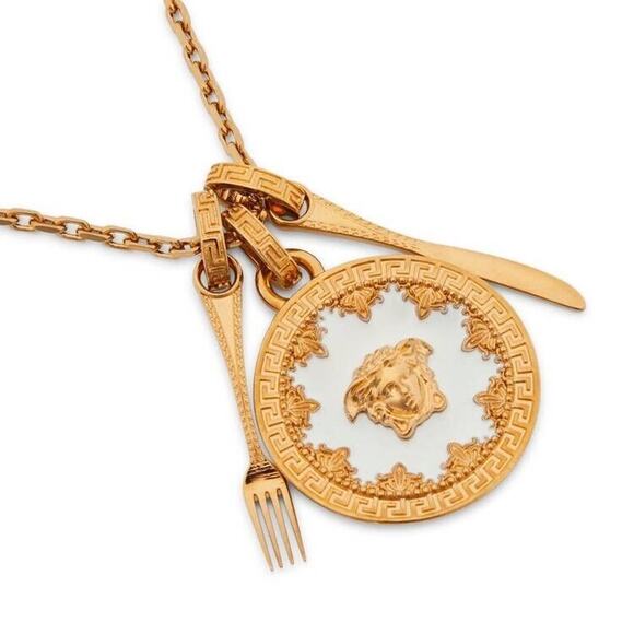 Versace Medusa Gold Miniature Plate Greca Engraved Pendant Necklace NWT $675 - Picture 1 of 14